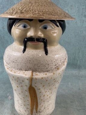 Speckled Cream Ceramic Figurine Storage Jar with Black Accent